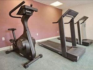 Une salle de sport équipée de vélos d’exercice et de tapis de course.