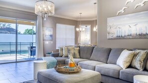 Smart TV, fireplace, video games, DVD player