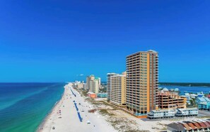 On the beach, sun-loungers