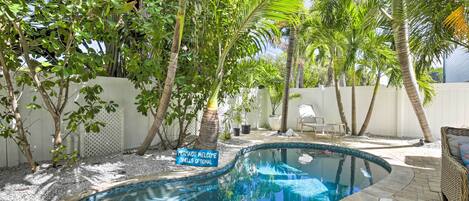 Una piscina rodeada de palmeras y una cerca blanca.