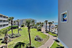 Un patio de hotel con piscina, palmeras y un cielo azul despejado.