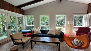 Smart TV, fireplace, DVD player, books