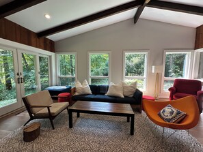 Smart TV, fireplace, DVD player, books