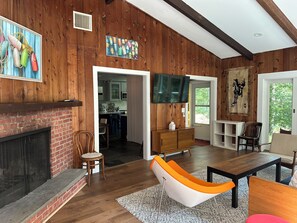 Smart TV, fireplace, DVD player, books