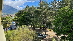A parking area with cars, trees, and a mountain in the background.