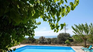 A rectangular swimming pool with a stone border, surrounded by a stone wall and a few trees.
