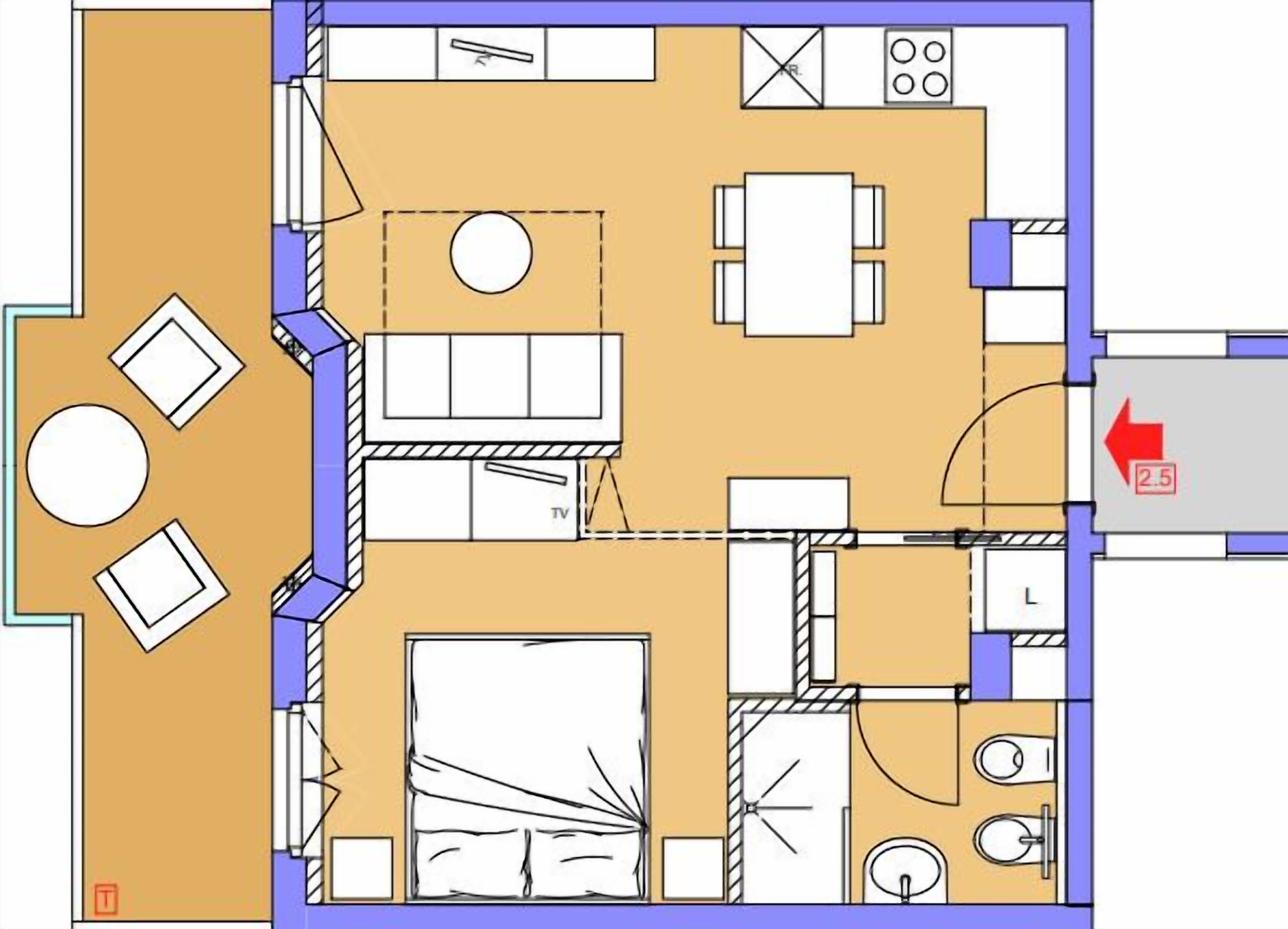 A floor plan with a living room, dining area, kitchen, and two bedrooms.