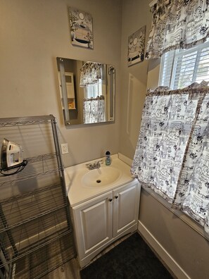 A bathroom with a white sink, a mirror, a shower curtain with Parisian illustrations, and a metal rack with a hairdryer. - Next to Downtown Greensboro 3 Bedroom / 2 Bathroom Bungalow (Greensboro)