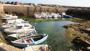 A harbor with several boats docked, a stone wall, and a few vehicles on the shore. - Renovated family house with sea view and terrace in Digosville (Digosville)