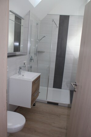 Douche, sèche-cheveux, serviettes fournies, savon
