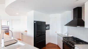 A modern kitchen with a black refrigerator, oven, and stove, white cabinetry, and a stainless steel sink. - Huey's Lookout - beachfront spacious pet friendly home (Blueys Beach)