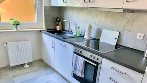 Eine moderne Küche mit Backofen, Spüle und einem Fenster mit Pflanze.