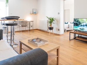 A modern living room with a wooden floor, a grey sofa, a coffee table with magazines, a TV on a wooden stand, a plant, and a radiator.
