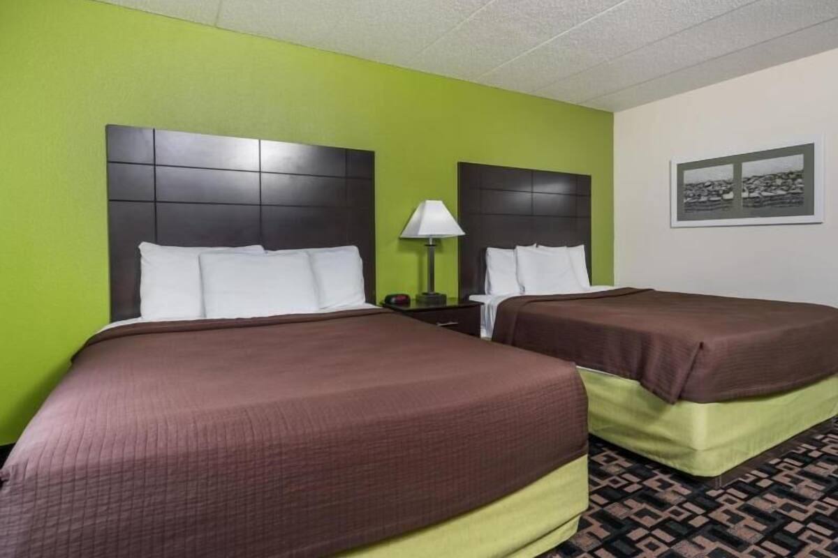 Ein Hotelzimmer mit zwei Betten, grünen Wänden, einem gemusterten Boden und einem gerahmten Bild an der Wand.