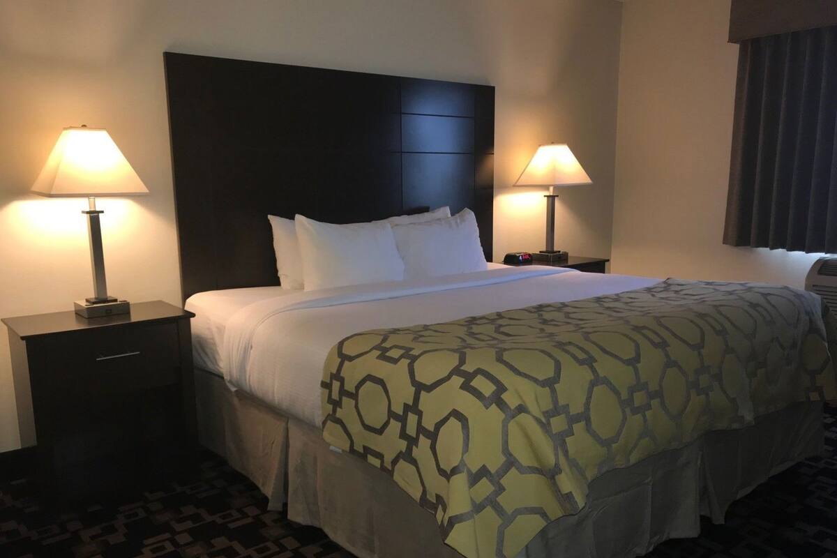 Ein Hotelzimmer mit einem großen Bett, zwei Nachttischen mit Lampen, einem dunklen Kopfteil und einem gemusterten Bettbezug.
