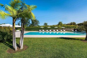 Relax by the pool surrounded by lush greenery and palm trees.
