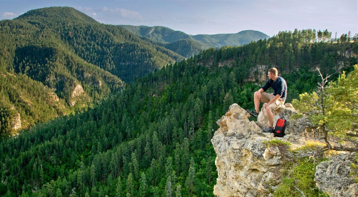 A person sitting on a rocky outcrop overlooking a dense forest and mountains.