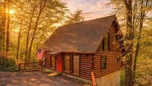 Une cabane en rondins avec une porte rouge, un petit porche et un drapeau américain.
