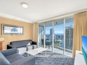 Enjoy a city view from the balcony through the large sliding glass door.