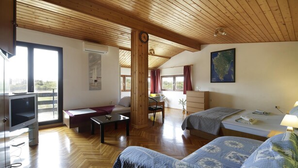 Una habitación amplia con suelo de madera, un sofá, una cama, un escritorio y un televisor.