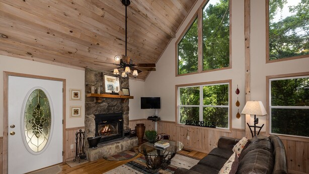 Un salón acogedor con chimenea, sofá de cuero y ventanas amplias que ofrecen vistas al exterior.