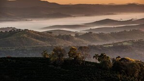 A panoramic view of a hilly landscape with a misty valley and distant hills.