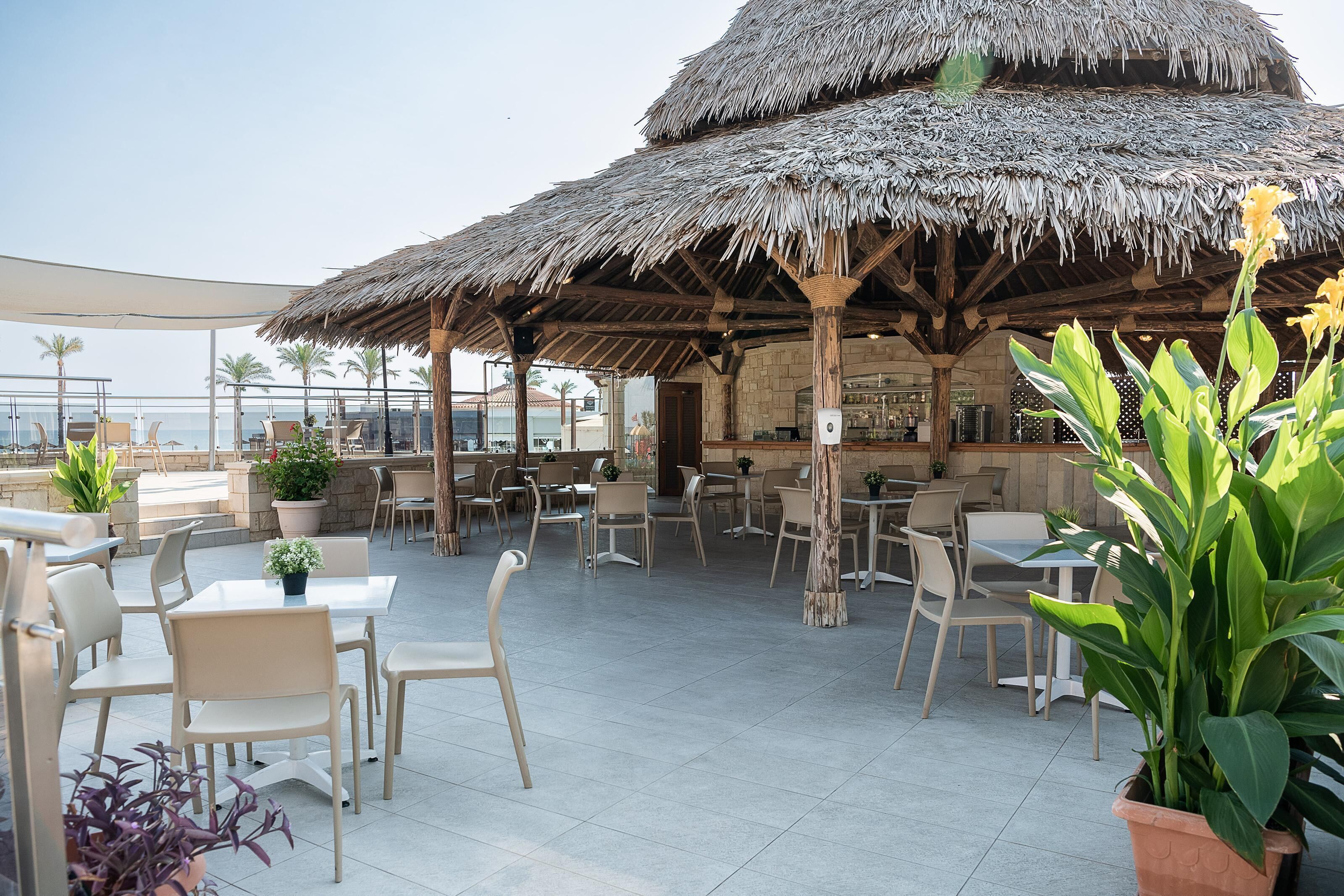 A rooftop terrace with thatched umbrellas, outdoor seating, and a bar area.
