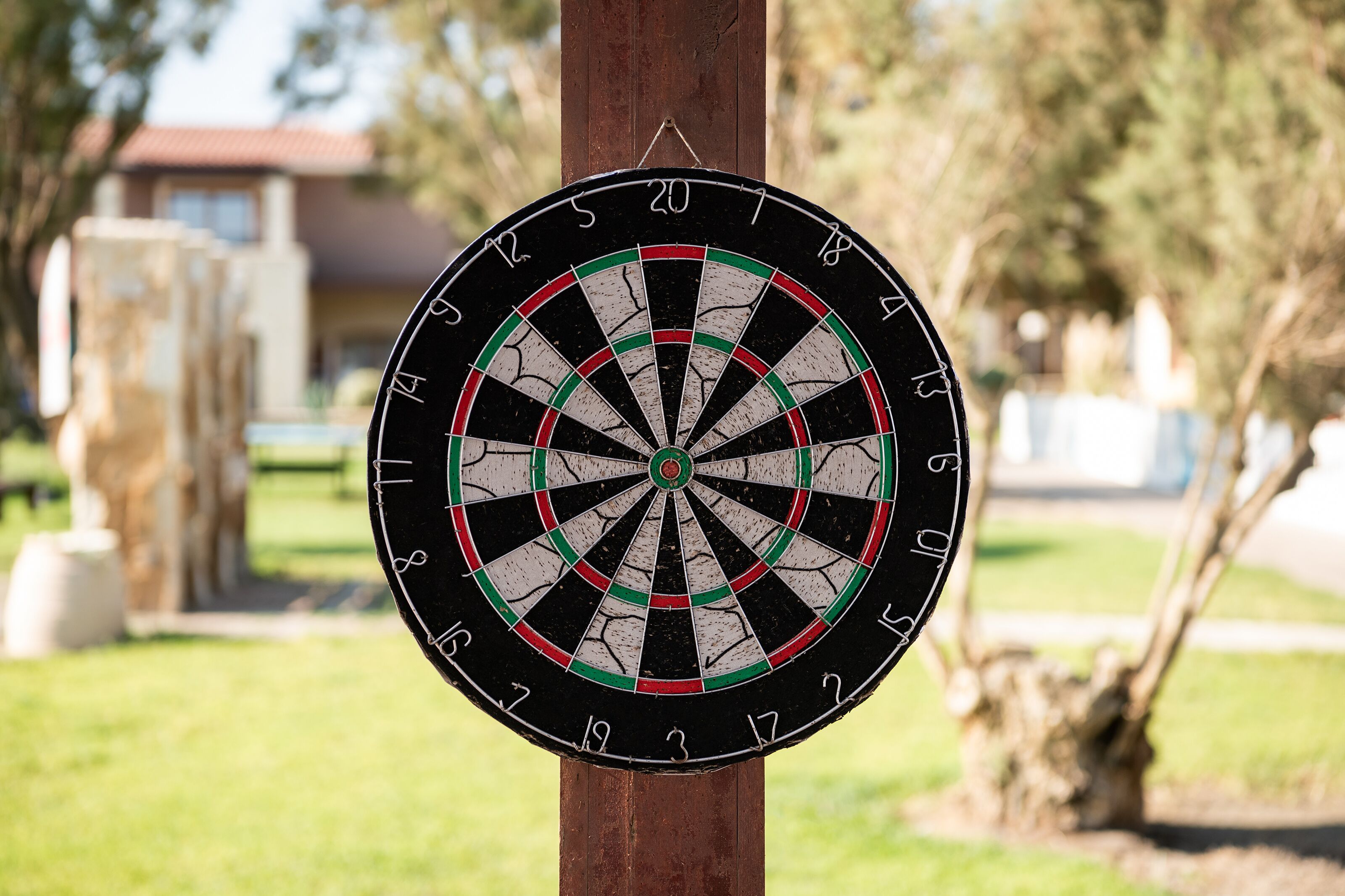 A dartboard mounted on a wooden post.