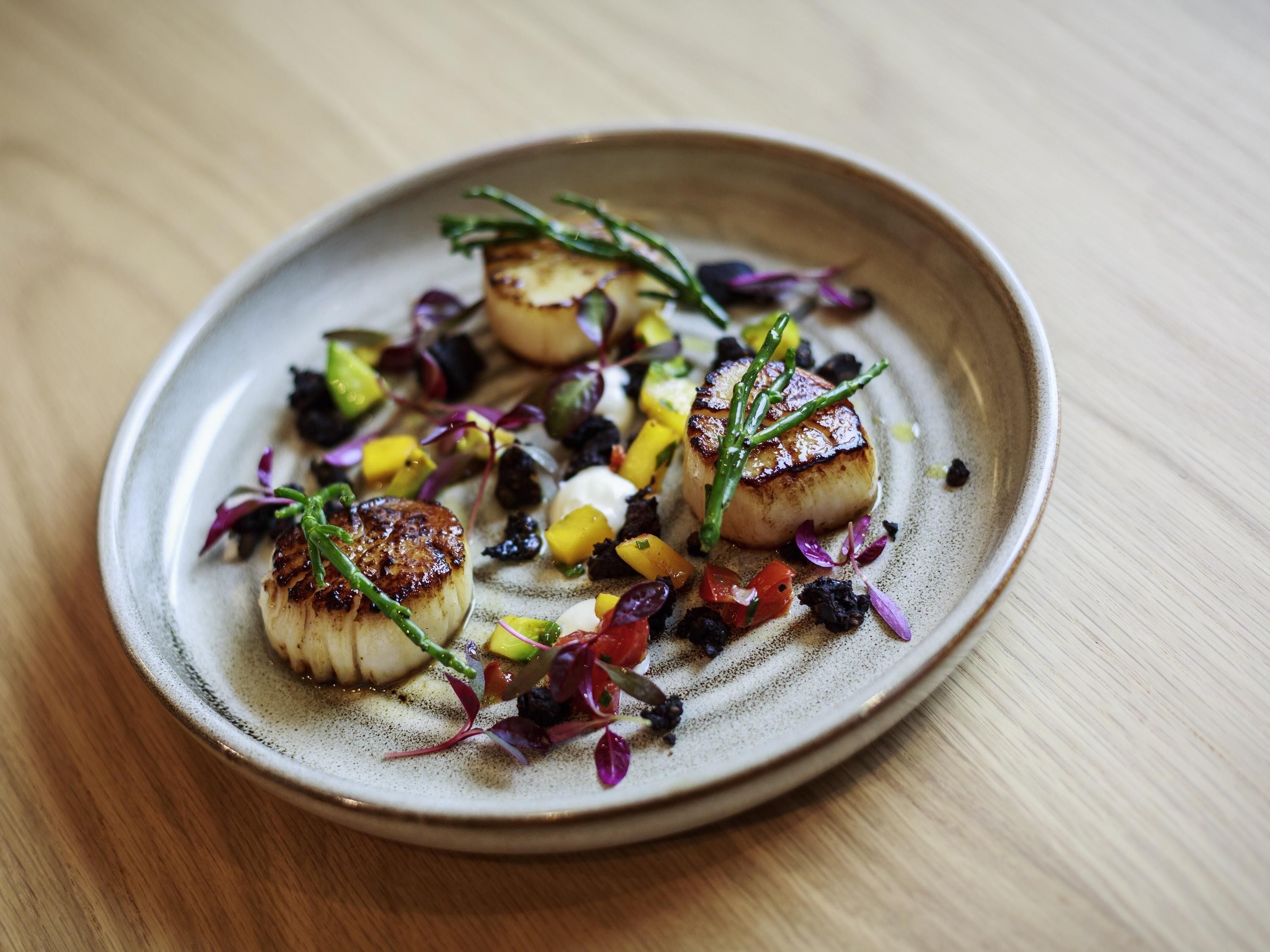 Un plato de vieiras a la plancha, adornado con microgreens y vegetales.