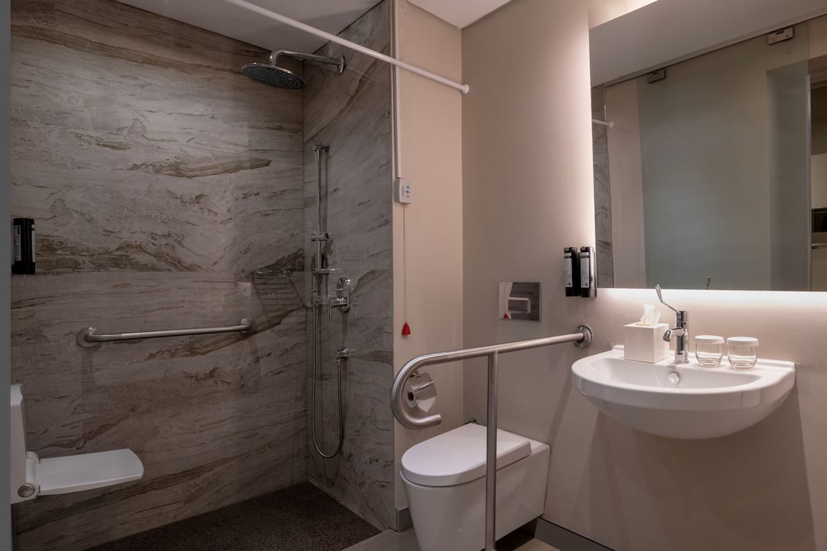 Deluxe-lejlighed - 1 soveværelse - handicapvenligt | Badeværelse | Bruser, brusehoved med spredningseffekt, miljøvenlige toiletartikler