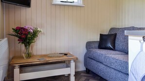 Una habitación con una televisión montada en la pared, una ventana con persianas, un sofá con un cojín negro, una mesita con un florero y un radiador.