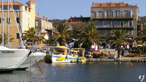 A marina with boats docked, a building with a clock tower, and palm trees. - U Palmu, Sea 6 km, Panoramic view, Garden, Wifi, Air-conditioned (Sartène)
