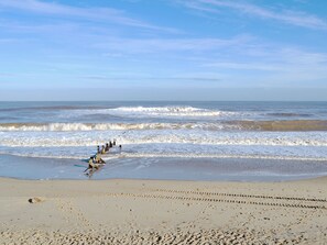 A beach with waves approaching the shore, a wooden fence, and footprints in the sand.