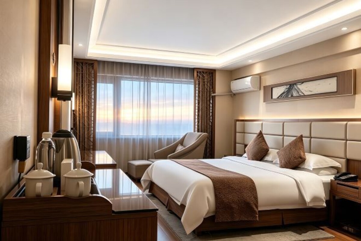 Habitación de hotel con una cama grande, un escritorio con una silla, una cafetera y vistas a la puesta de sol a través de la ventana.