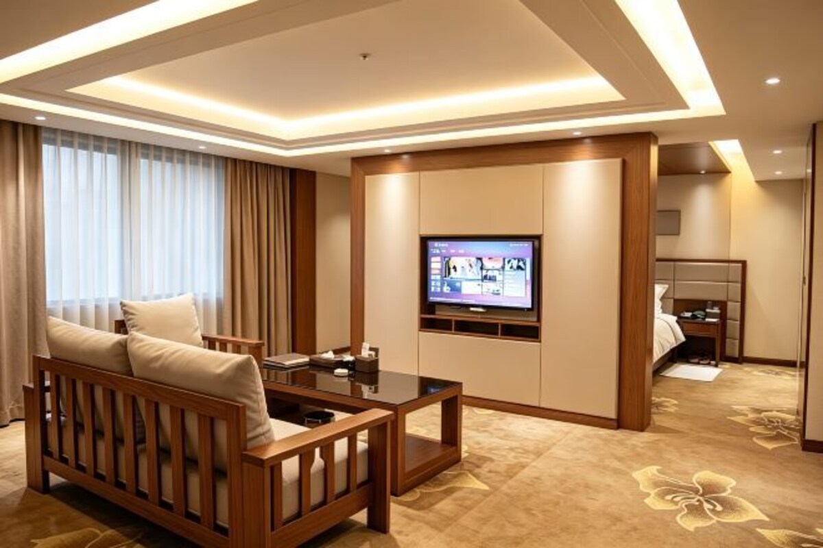 Una habitación de hotel con sofá, televisión y cama.