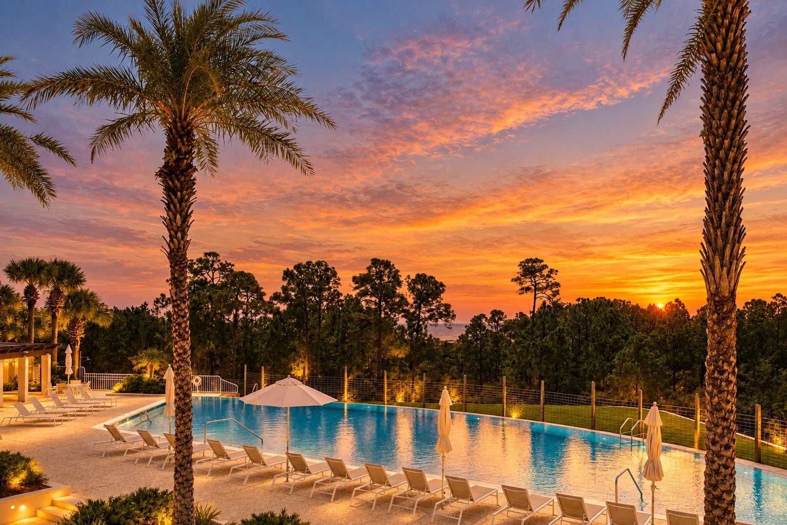 A swimming pool with lounge chairs and umbrellas, surrounded by palm trees and a sunset sky.