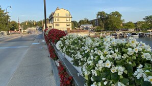 Uma ponte com jardineiras de flores nas laterais, um semáforo e um edifício ao fundo.
