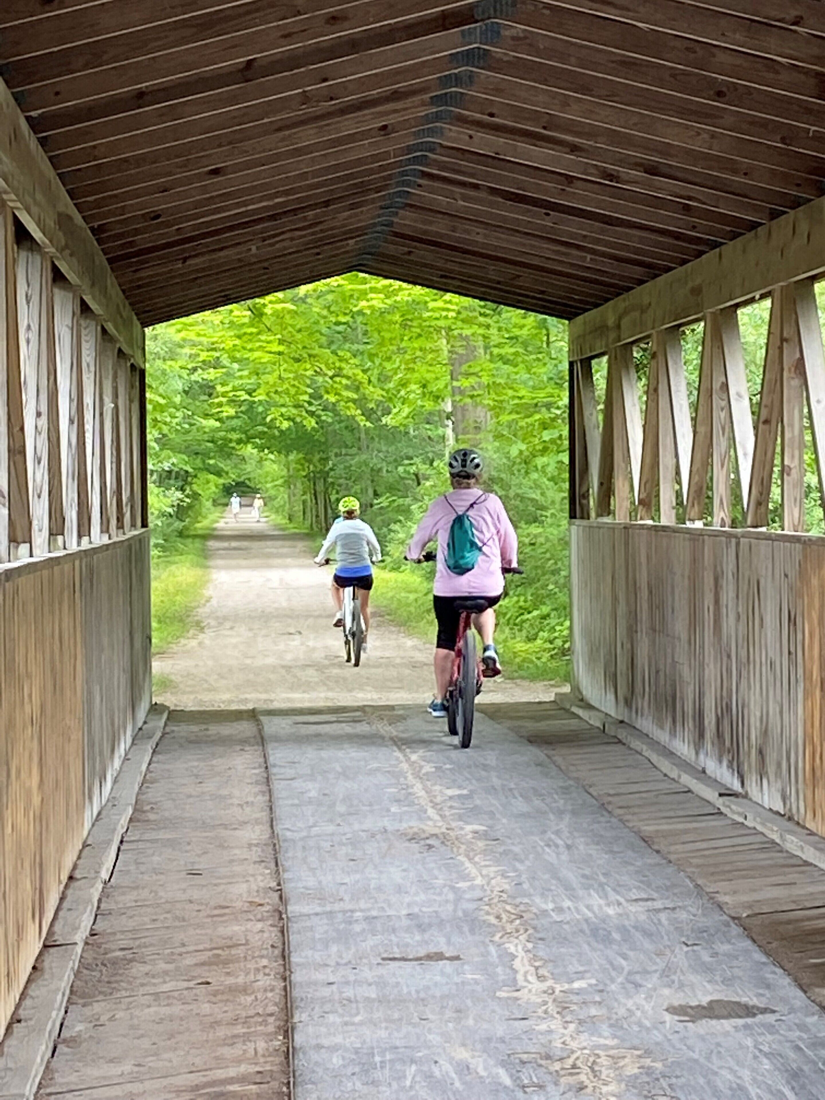 A covered wooden bridge with a pathway.