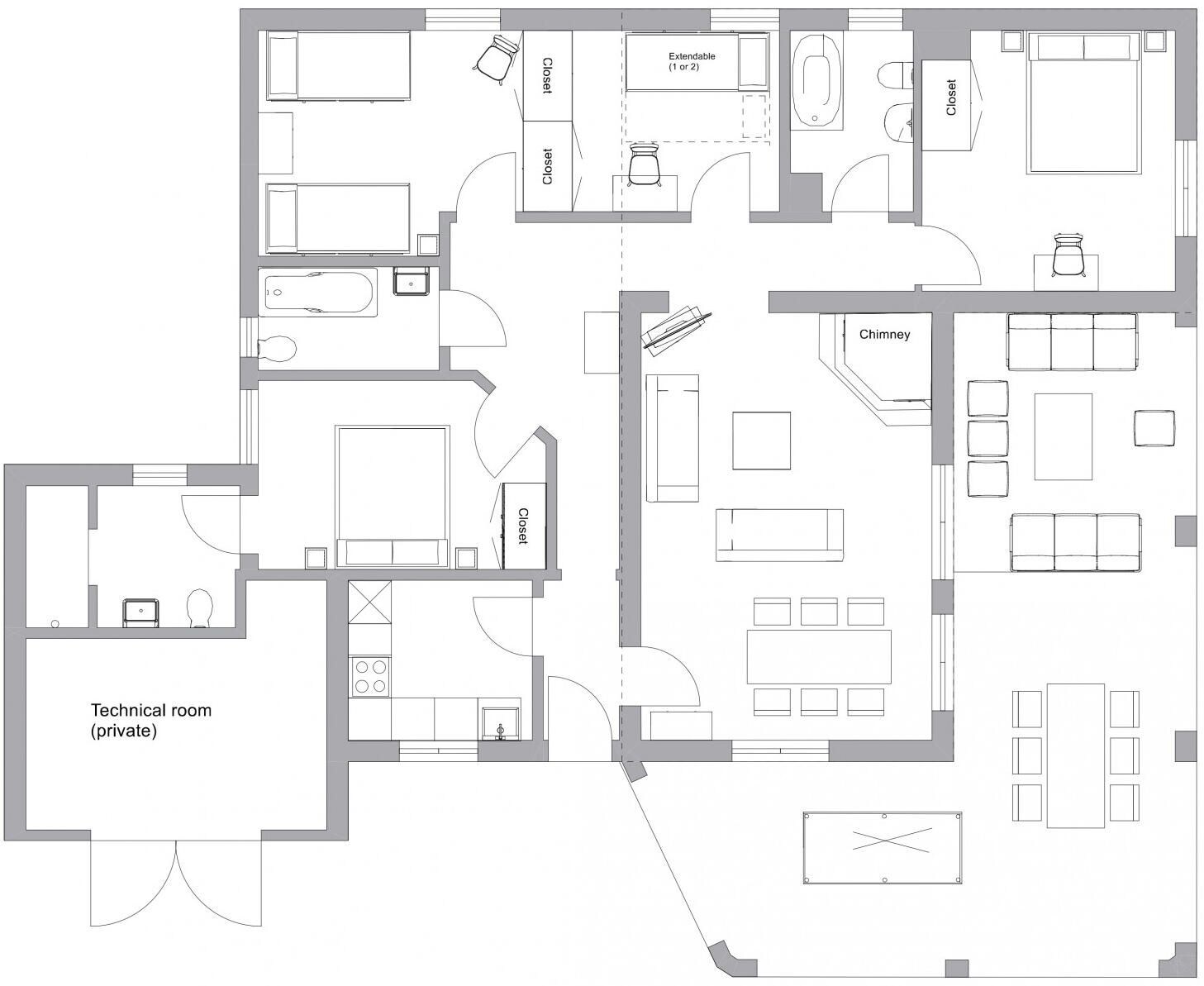 A floor plan with a technical room, multiple bedrooms, a bathroom, a kitchen, and a dining area.