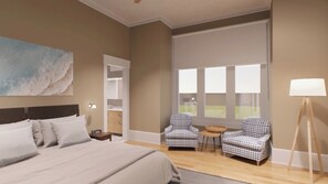 Une chambre à coucher avec un lit, un bureau, deux chaises, une lampe et une grande fenêtre.