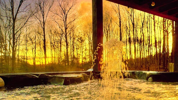 Une zone de sources chaudes offrant une vue sur une forêt au coucher du soleil.