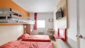 A compact hotel room with bunk beds, a desk, a chair, and a TV mounted on the wall. - Premiere Classe Arras - Tilloy Les Mofflaines (Tilloy-Les-Mofflaines)
