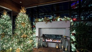 A fireplace with a brick surround, flanked by two Christmas trees adorned with lights and ornaments.