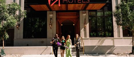 A building with a prominent sign reading "Virgin Hotels."