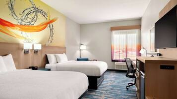 Desk, laptop workspace, blackout drapes, iron/ironing board