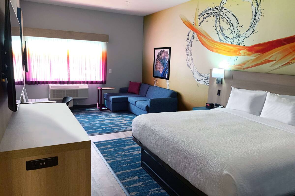 Una camera d'albergo con un letto, un divano, una scrivania e una televisione.
