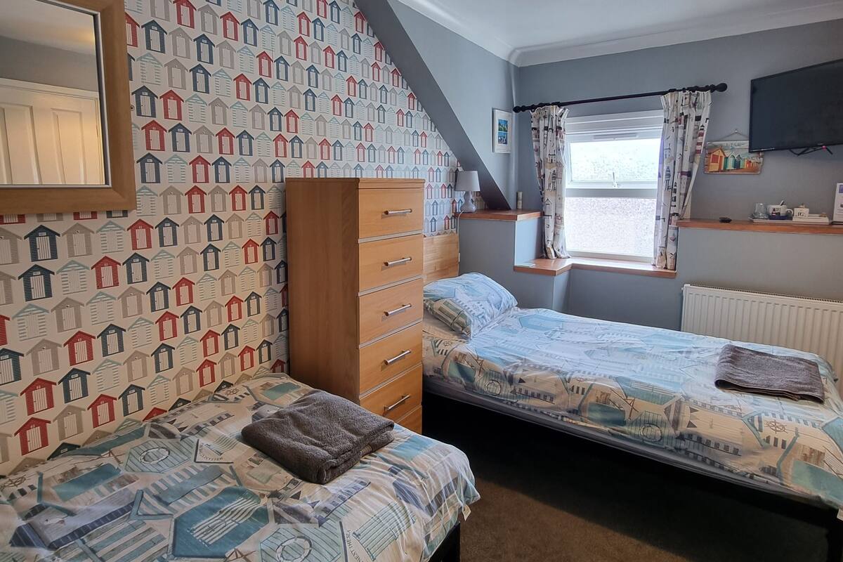 A bedroom with two beds, a dresser, a TV, and a window with curtains.