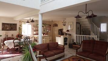 Télévision, lecteur de DVD, table de tennis de table, livres