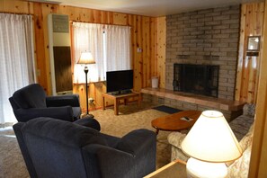 TV, fireplace, books