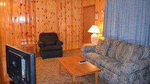A cozy living room with wooden walls, a television, a sofa, a chair, and a lamp. - Whispering Pines - Cabin 31 (Spa Tub) (Pinetop)